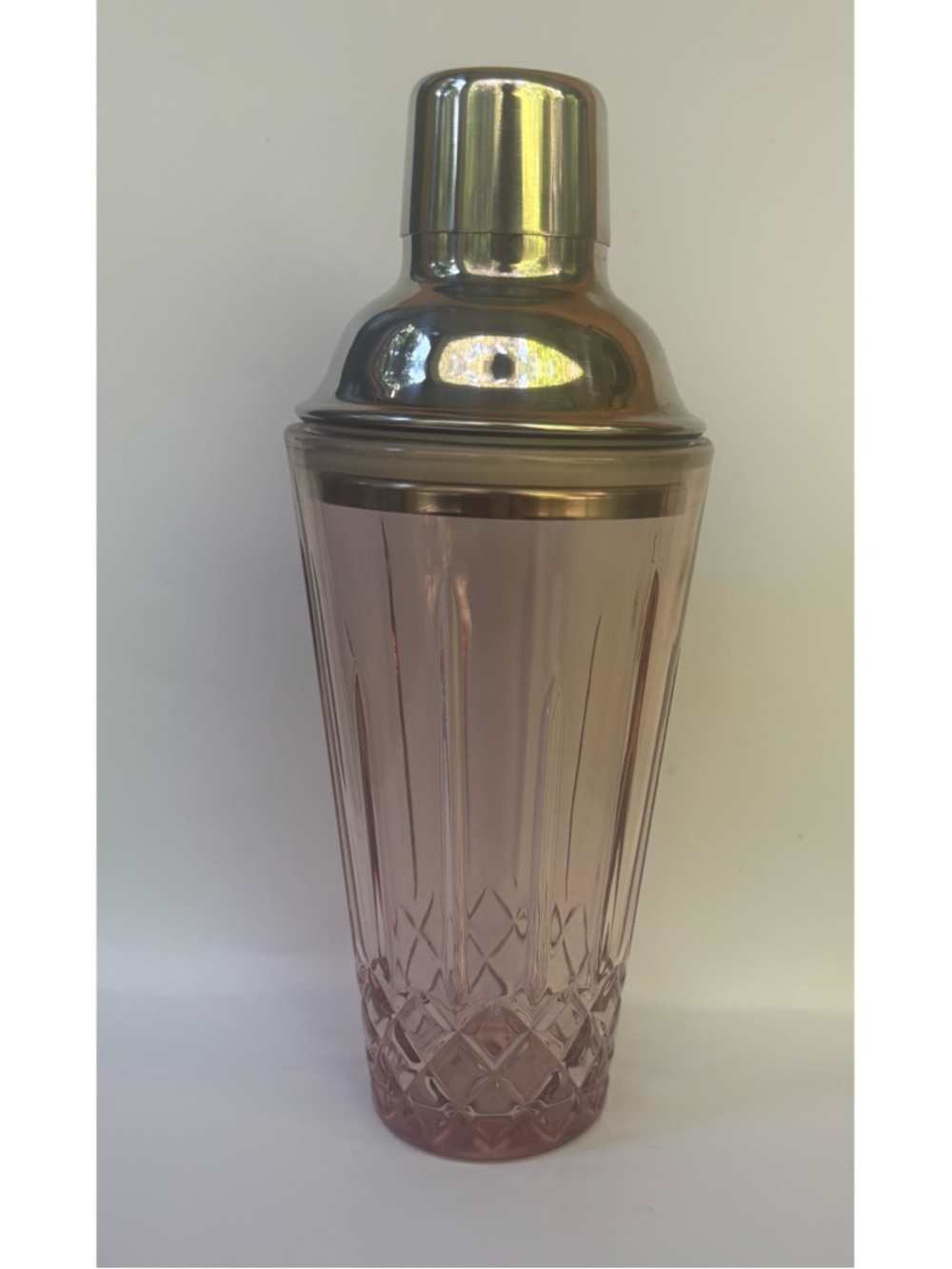Vintage Pottery Barn Pink Cut-Glass Cocktail Shaker with Silver Lid